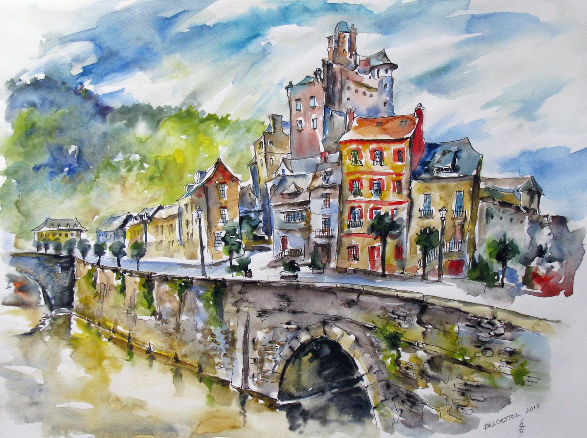 Impressionistic Cityscapes Watercolour By Szekelyhidi Zsolt, 19 X 14", Belcastel In France No.1, Original Artwork