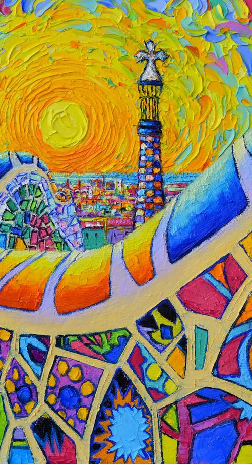 BARCELONA SUNRISE PARK GUELL textural impressionist impasto palette knife oil painting by Ana Maria Edulescu by ANA MARIA EDULESCU