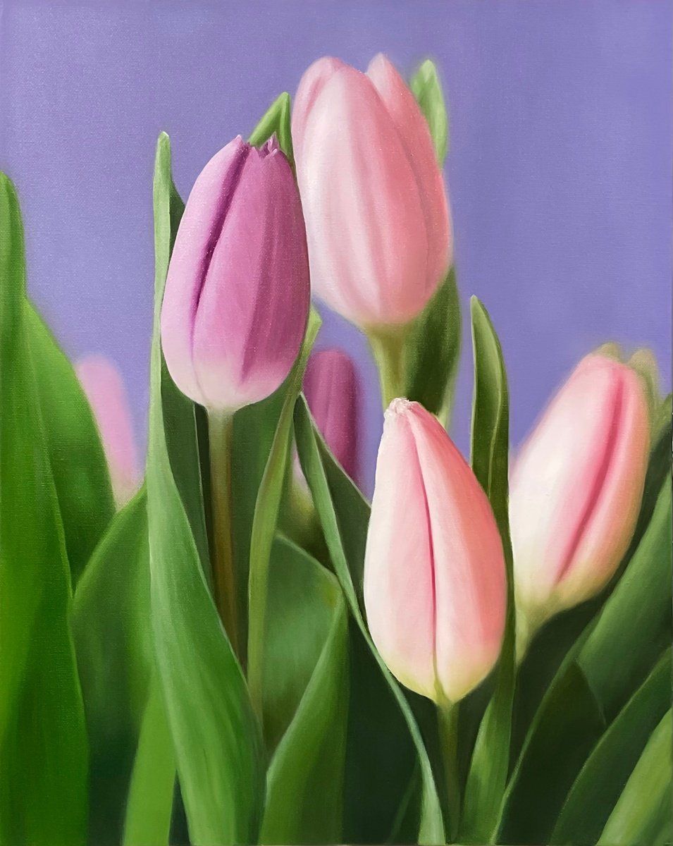 Photorealistic Botanical Oil Painting By Alla Kallass, 16 X 20, Elegant Tulips, Original Artwork