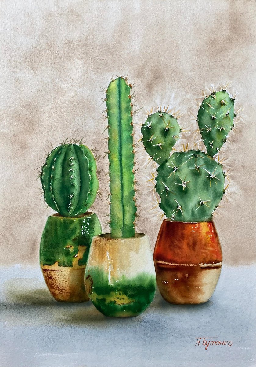 Illustrative Still Life Watercolour By Natalia Butenko, 11 X 15", Prickly Neighbours, Original Artwork