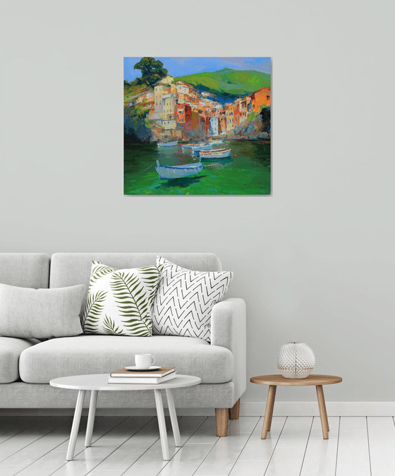 Riomaggiore, Italy seascape oil painting- impasto painting - Italian bay area art work