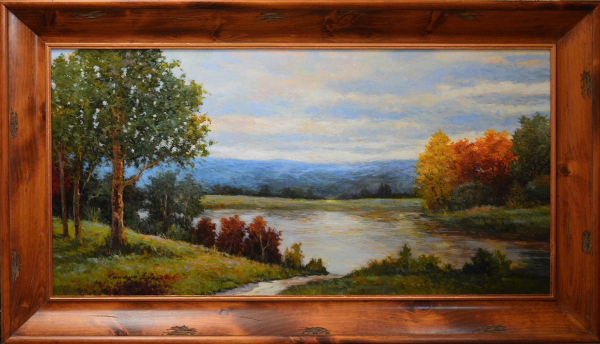 Impressionistic Landscape Acrylic Painting By Kanayo Ede, 56 X 32", Mountain View, Original Artwork