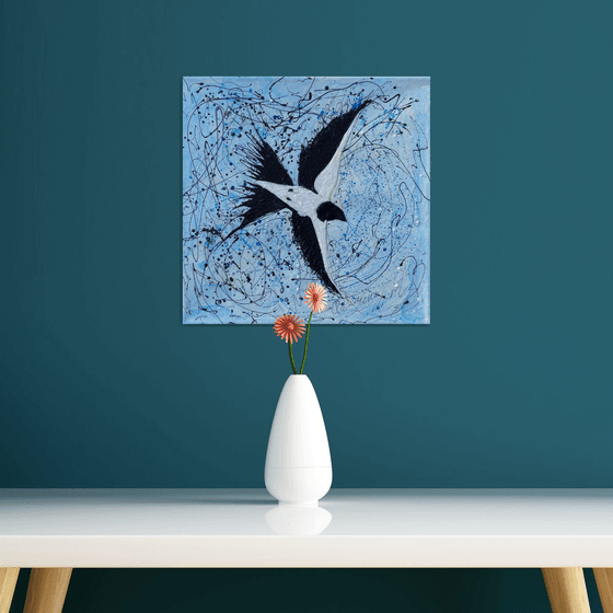 Abstract Bird Against the Sky Pollock Inspired + Palette Knife Painting on Canvas - 14 "X 14" X 0.5"