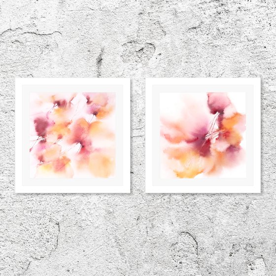 Watercolor floral wall art, Diptych "Spring wind"