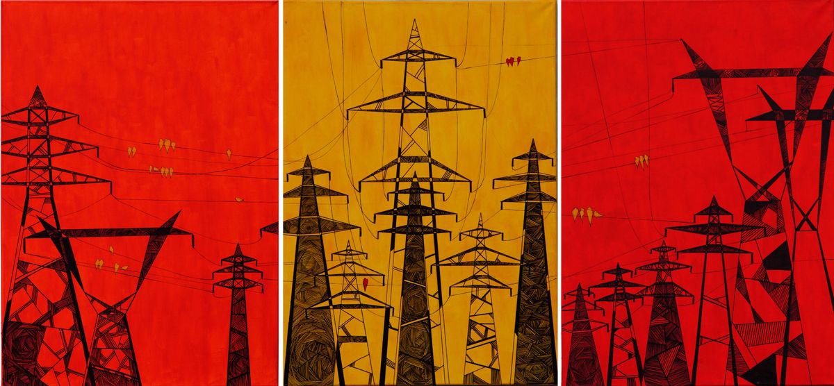 Landscape Acrylic Painting By Petq Popova, 59 X 28", "Birds On Wires Iii", Original Artwork