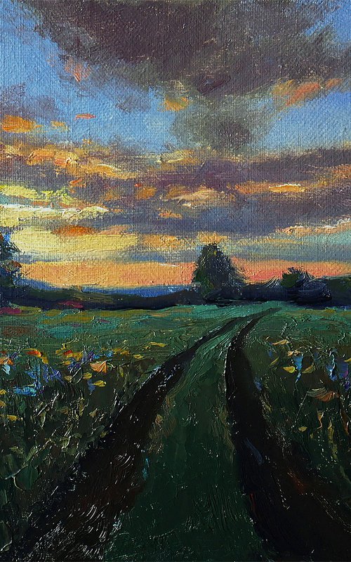 Sunset Over Wildflowers Field - summer landscape painting by Nikolay Dmitriev
