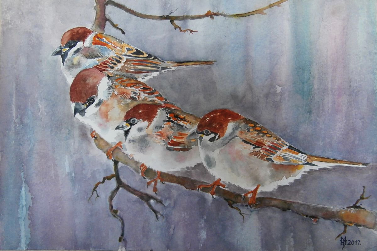 Impressionistic Animal Watercolour By Zoran Mihajlovic Muza, 13 X 9", Sparrows, Original Artwork