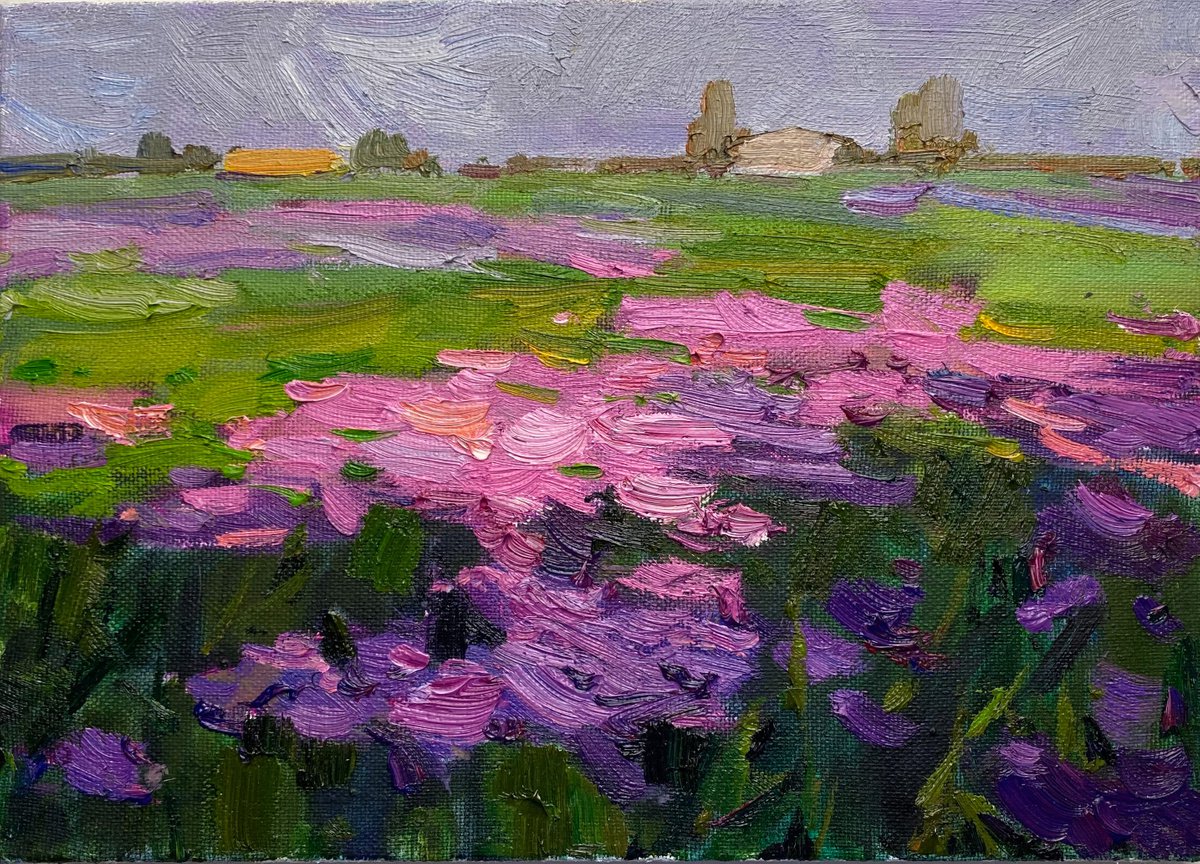 Violet field 25x35 cm| oil painting on canvas flowers by Nataliia Nosyk