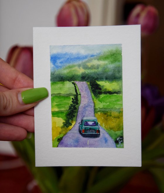 Miniature watercolor painting, Mini Cooper car on road tiny original art