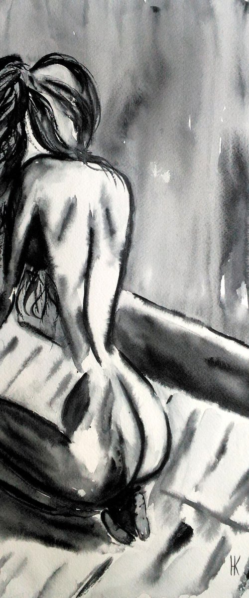 Woman Nude original watercolor painting by Halyna Kirichenko