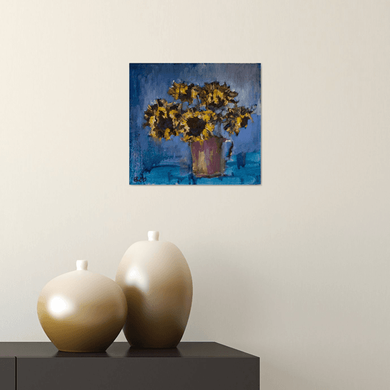 Sunflowers on blue. Small oil painting. Original dramatic home decor gift interior dark blue moody autumn