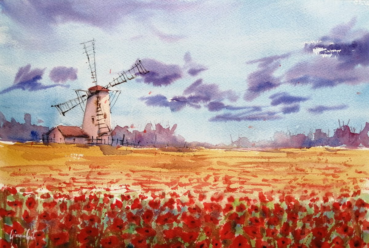 Impressionistic Watercolour , Poppies Field 4 By Giorgio Gosti, 21 X 14, Artwork For Sale On Artfinder