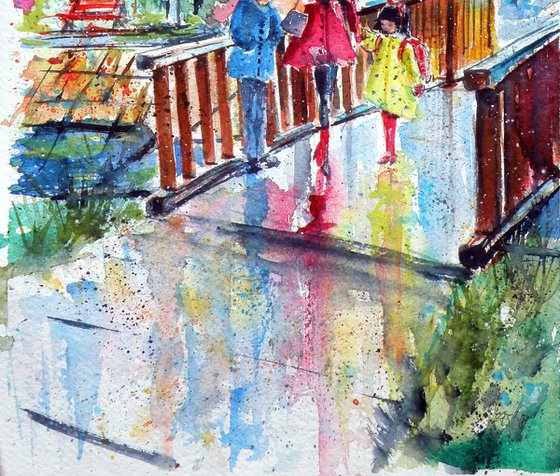 Walk to school on rainy day