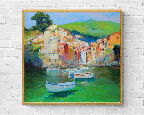 Riomaggiore, Italy seascape oil painting- impasto painting - Italian bay area art work