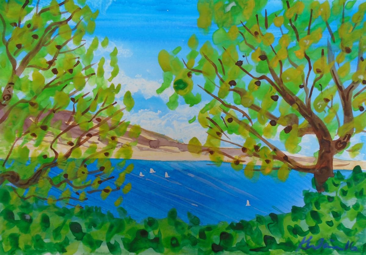 Pine trees with boats on the Mediterranean by Kirsty Wain