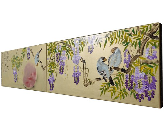 Japanese wisteria and love birds J353 - large gold diiptych, original art, japanese style paintings by artist Ksavera