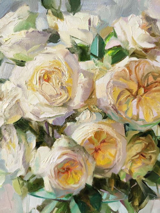 White roses art, Oil painting rose, Impressionist flowers art painting, Rose in glass still life, Anniversary gift for her, Bouquet rose art