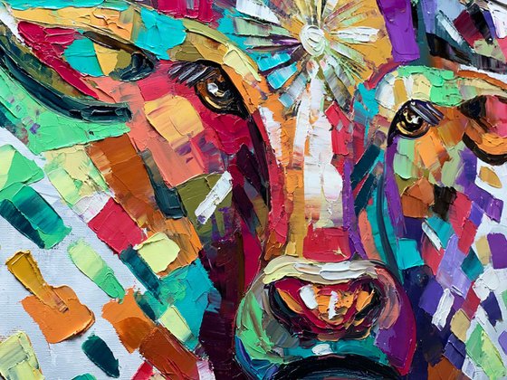 Bull Oil Painting, Animal Art Original Modern Textured Palette Knife