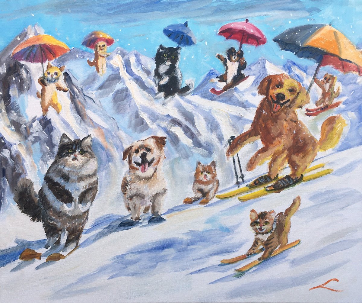 Surrealistic Oil Painting , Snowing Cats And Dogs By Elena Sokolova, 24 X 20, Artwork For Sale On Artfinder