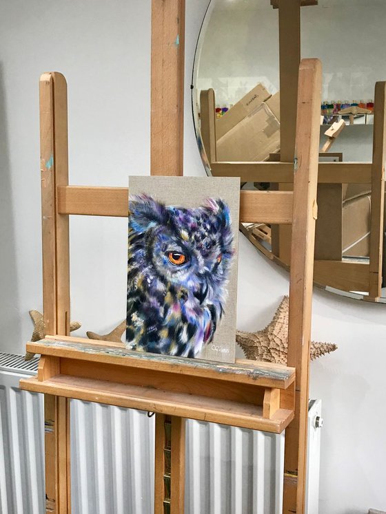 Athena, Owl,  Original Oil Painting on linen panel