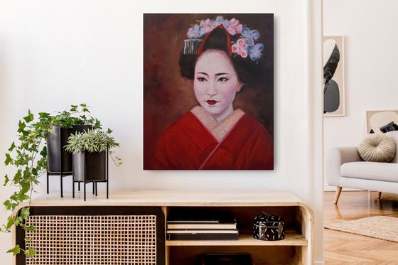 Geisha in kimono on the dark background portrait number 6