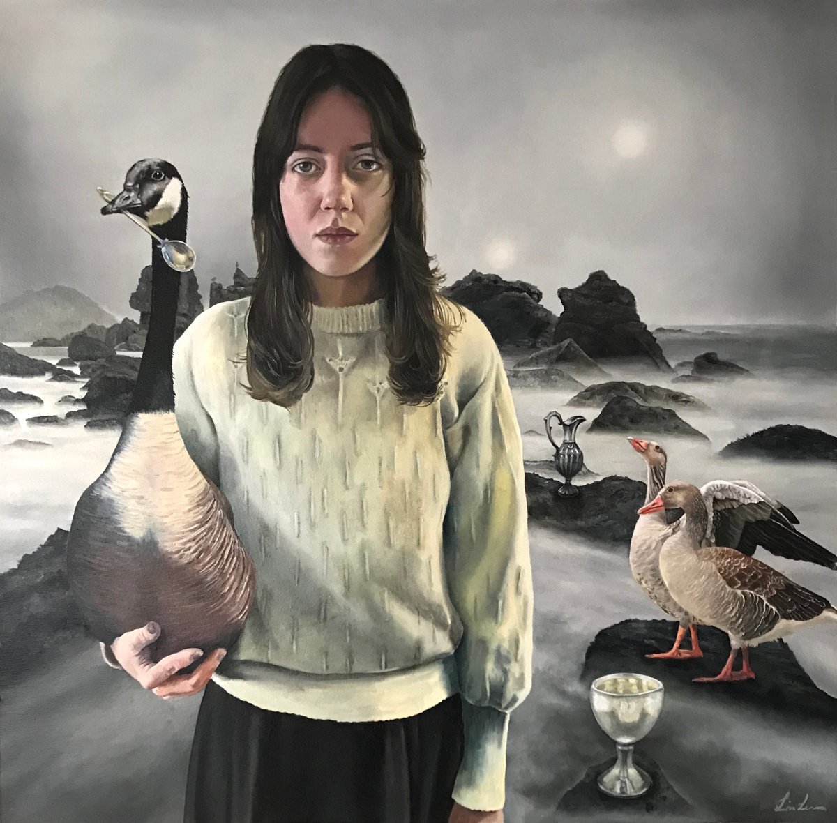 Surrealistic Portrait Oil Painting By Lisa Lennon, 24 X 24", Sea Geese, Original Artwork