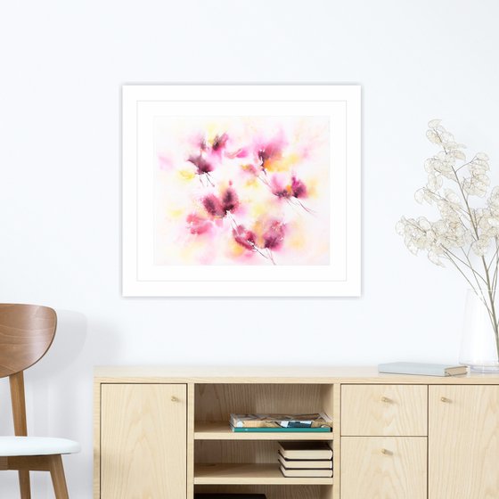 Pink and yellow abstract flower painting "November bouquet"