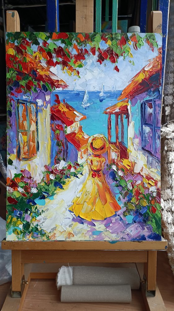 Trip - landscape, road, oil painting, love, woman, outdoors, street, sail, boat, sea, Greece, flowers, sea and beach, sea and sky, girl, seascape