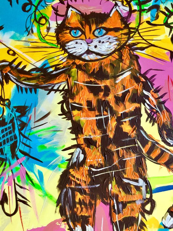 Fishing cat, a version of famous painting by Jean-Michel Basquiat