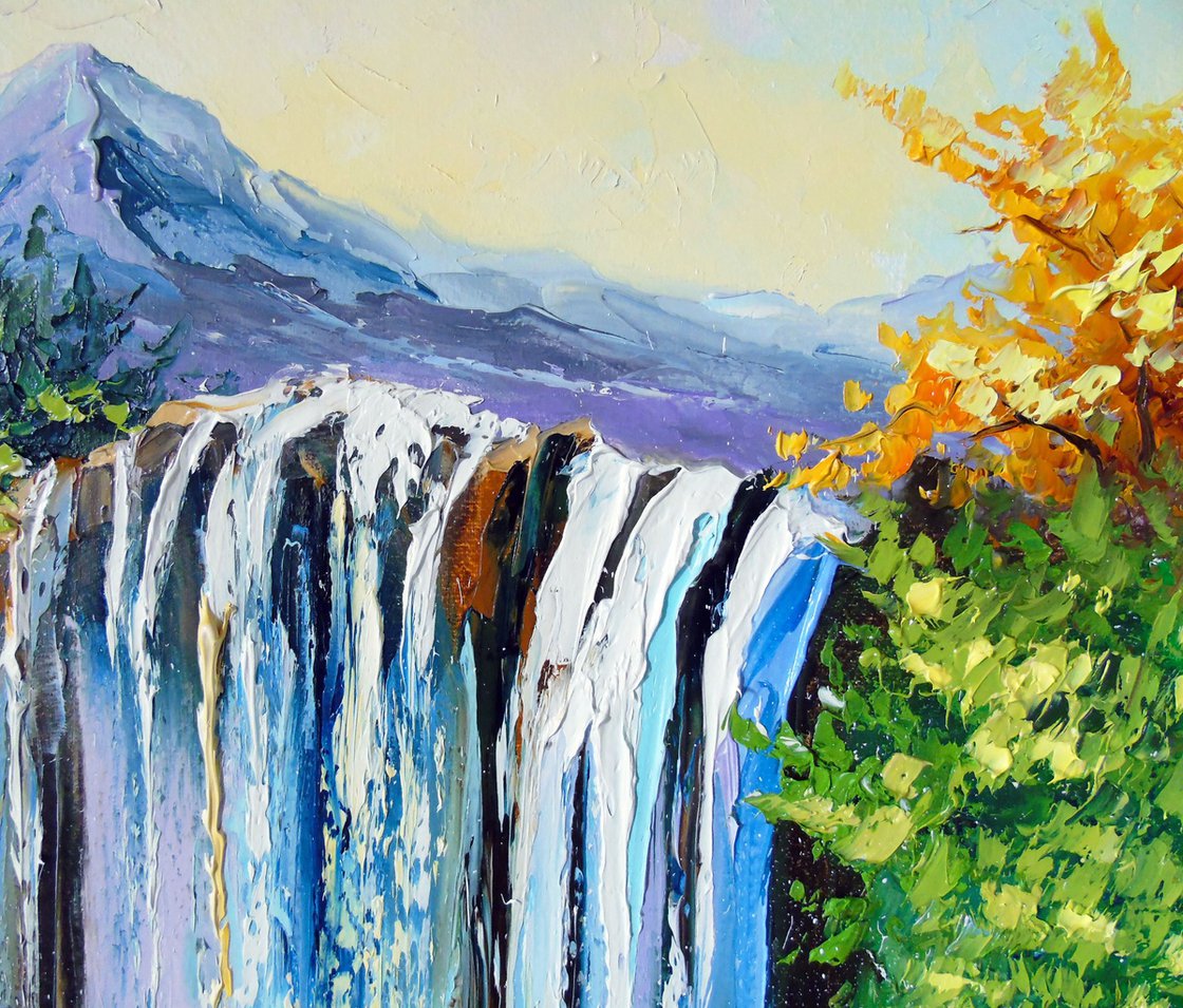 Mountain waterfall by the lake Oil painting: Olha Darchuk