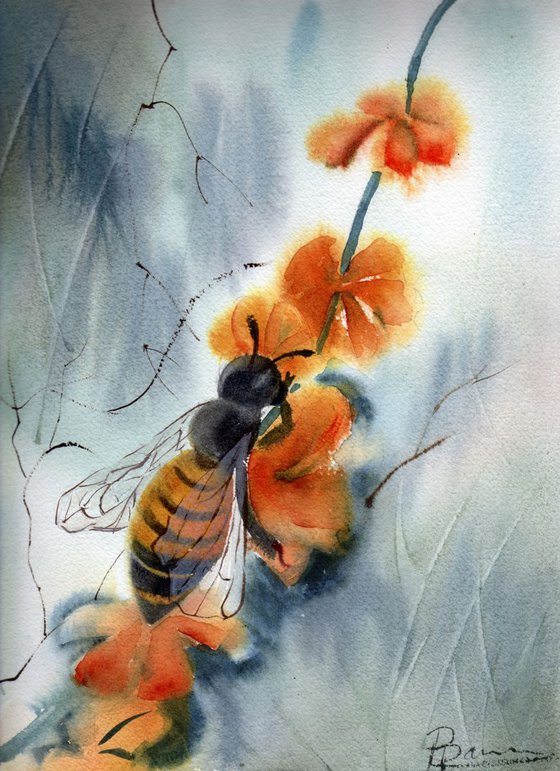 Honey bee with flower Watercolor ORIGINAL Painting