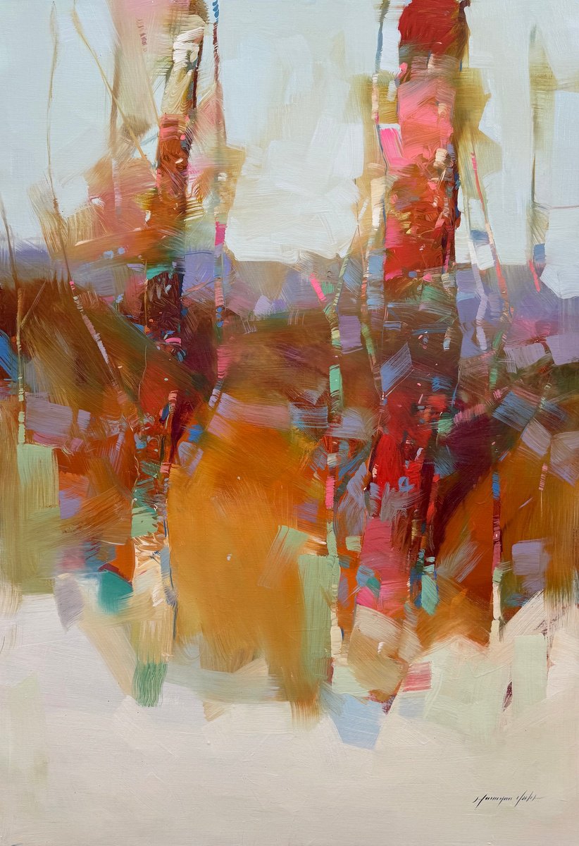 Impressionistic Landscape Oil Painting By Vahe Yeremyan, 30 X 44", Autumn Grove, Original Artwork