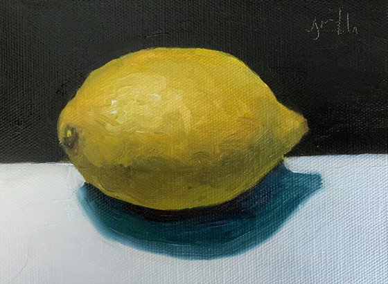 Lemon Still Life original oil realism painting, with wooden frame.