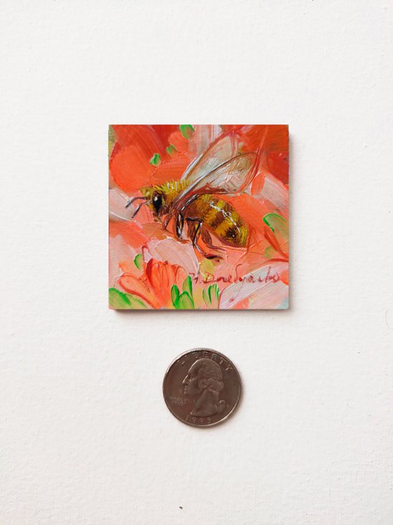 Bee artwork framed oil painting original 2x2, Mini Bee painting oil red, Honey bee wall art decor miniature