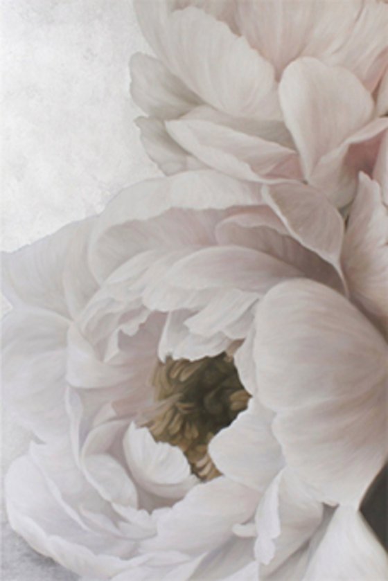 "Soft Peonies" White silver flowers oil art