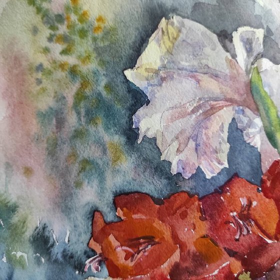 Gladioluses - original painting, red, white flowers