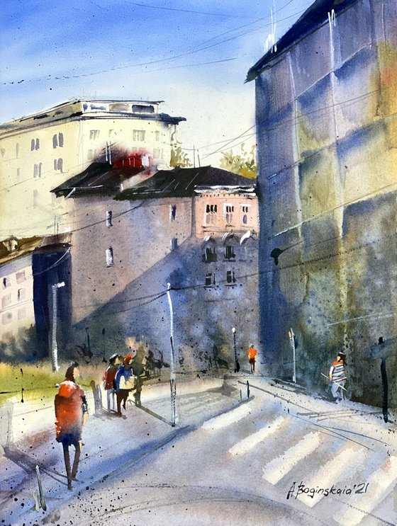 Colourful street - original watercolor cityscape