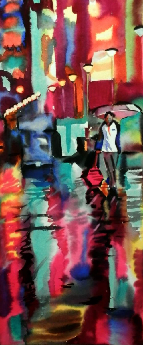 One night in the city, watercolor painting 68x98 cm by Valentina Kachina