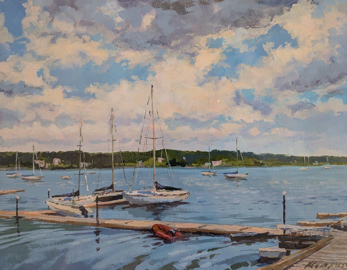 Impressionistic Landscape Acrylic Painting By Alexander Koltakov, 14 X 11, Yacht Club, Original Artwork