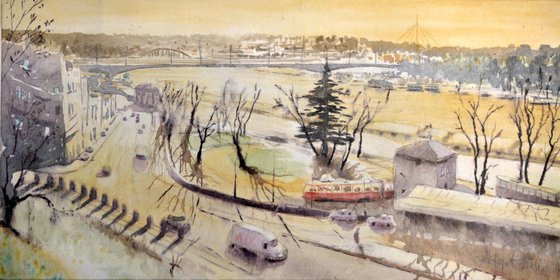 Bridges of Belgrade, original watercolor on canvas
