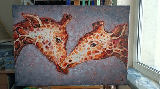 Touch - animal, giraffes, animal face, lovers, painting on canvas, love, gift, animals art, animals oil painting