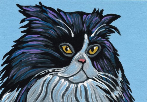 ACEO ATC Original Miniature Painting Persian Tuxedo Cat Pet Feline Art-Carla Smale