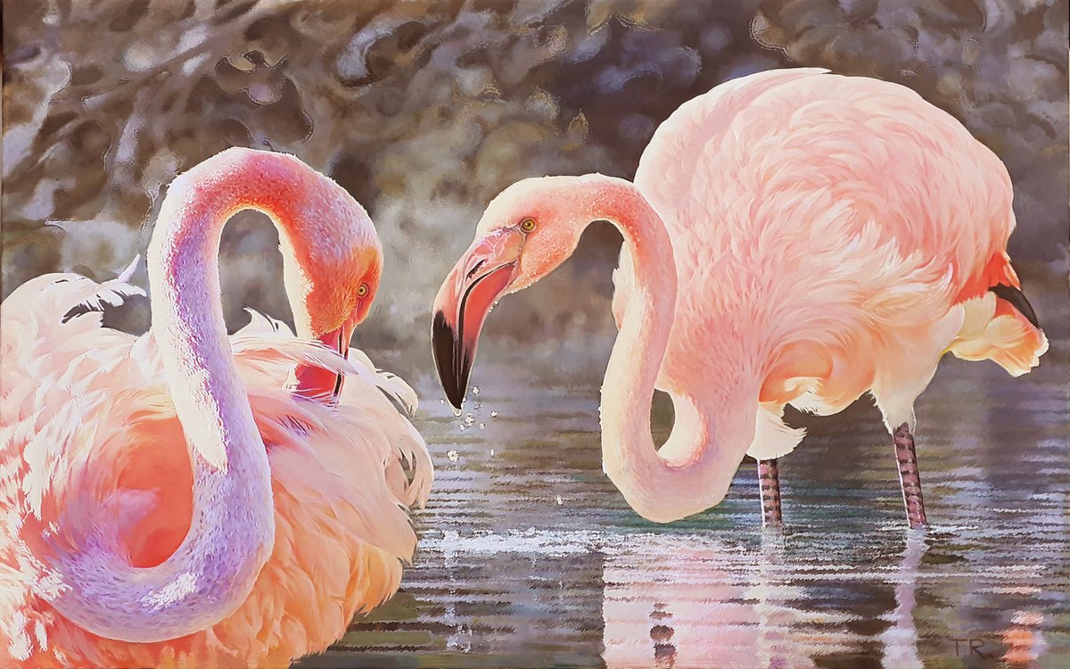 Impressionistic Animal Oil Painting By Tatiana Rezvaya, 50 X 34", Pink Flamingos, Original Artwork