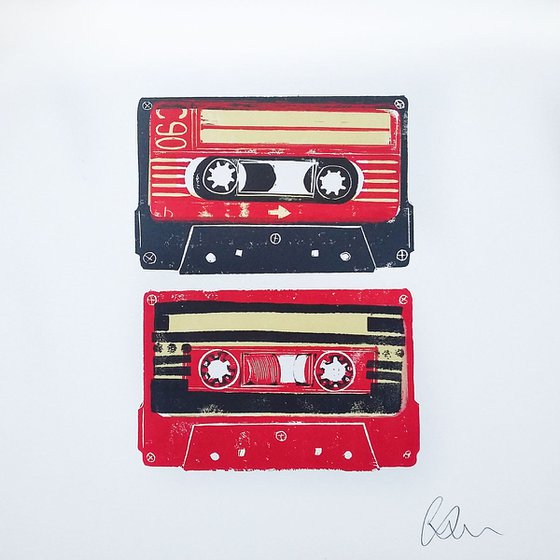 Linocut tapes duo #2 (cassette tapes, retro music, 70's, 80's rock culture)