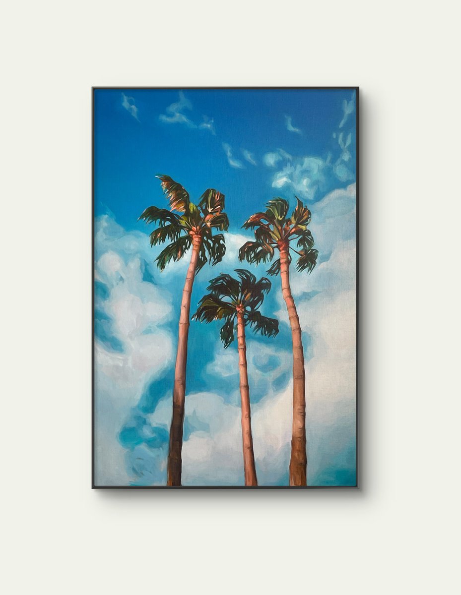 Photorealistic Landscape Oil Painting By Guzel Min, 24 X 36, Palm Trees And Sky, Original Artwork