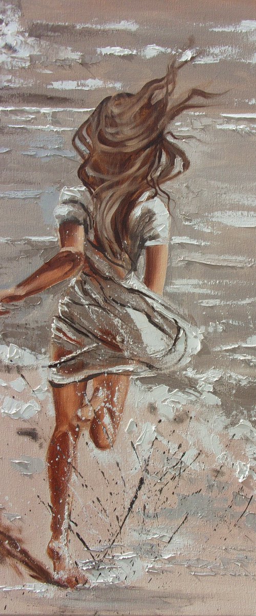 " BY THE SEA ... "- For M. SKY SEA SAND liGHt  ORIGINAL OIL PAINTING, GIFT, PALETTE KNIFE by Monika Luniak