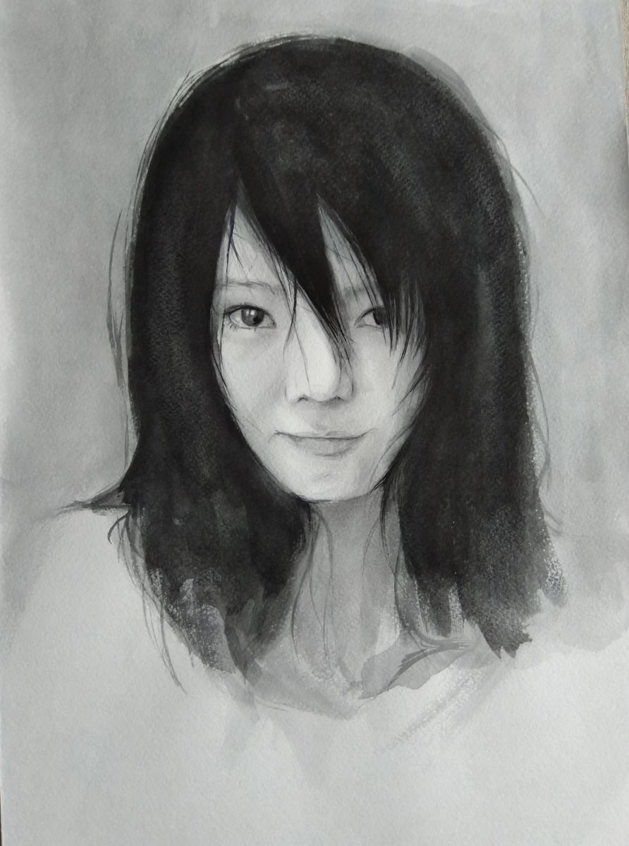 Portrait Watercolour By Kamsar Ohanyan, 12 X 17", Black White Portrait-Chinese, Original Artwork