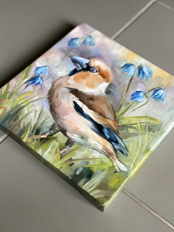 Bird painting, grosbeak with snowdrops. Original on small canvas, gift painting. Brown bird, blue flowers, nature. Made with love