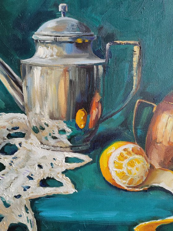 Antique teapot with sugar bowl still life original oil painting 16x20''