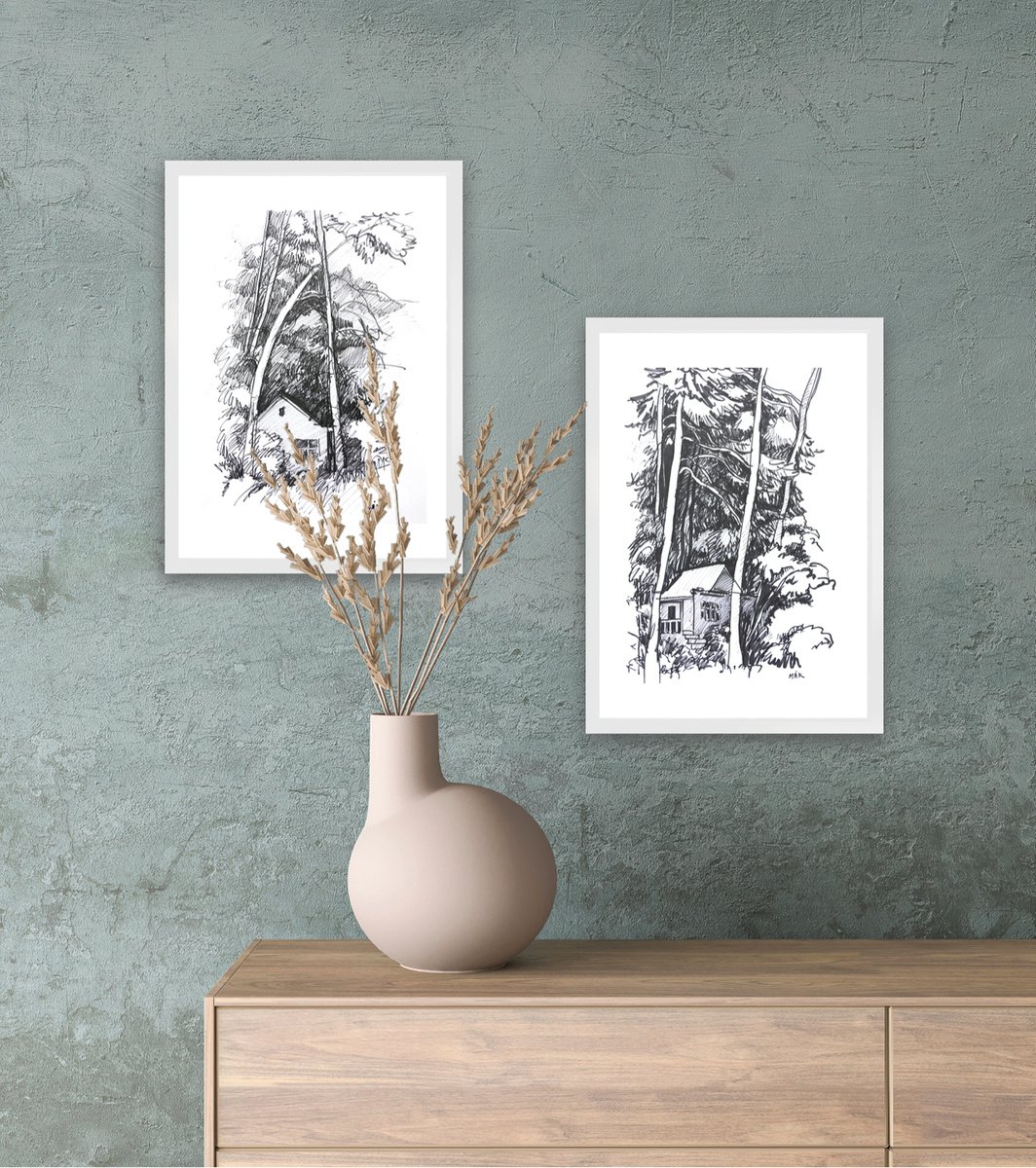 SUMMER VIBES - set of two landscape drawings on paper black and white gift idea home decor by Irene Makarova